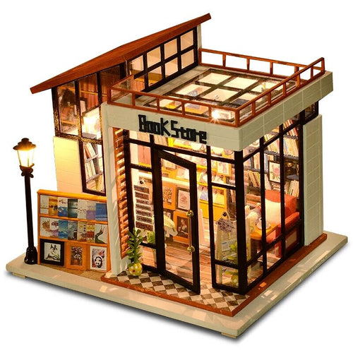 Furnitures Wooden House Miniature Toys For Children New Year Christmas Gift Book Store